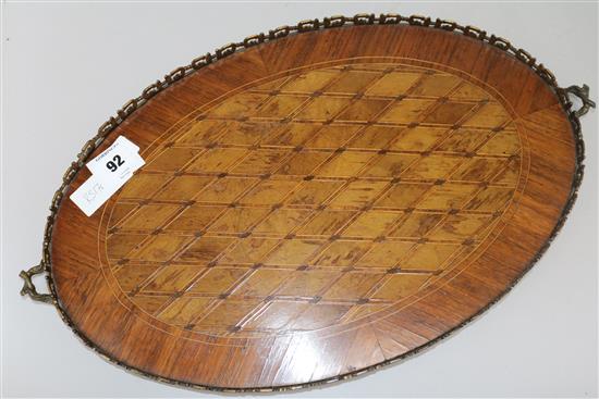 An early 20th century ormolu mounted parquetry tray, 50cm